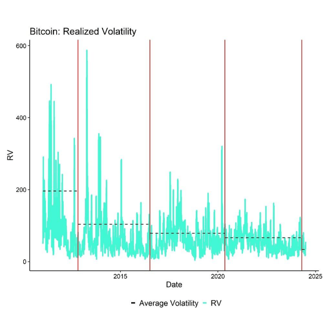 Bitcoin's average volatility has been decreasing structurally over time with every halving